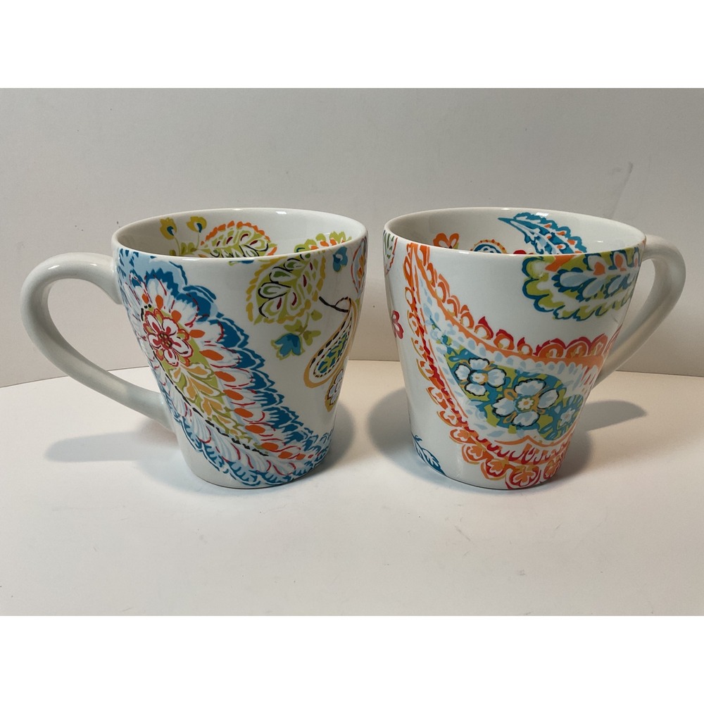 Pier 1 Set of 2 Ceramic Mugs Paisley Floral Design Dishwasher Safe Microwaveable